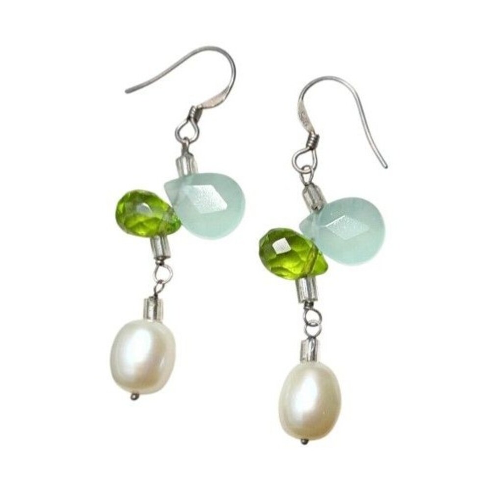 Sterling Silver Peridot Pearl Amazonite Dangle Earrings